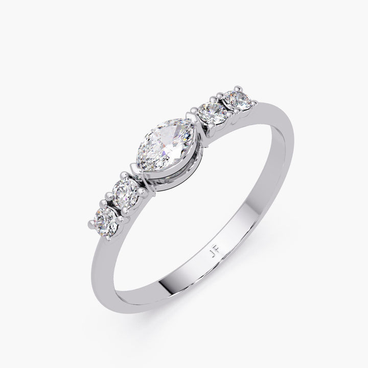 14K white gold marquise diamond ring with round side stones, 0.25ct lab-grown stacking ring for everyday wear or promise gift.