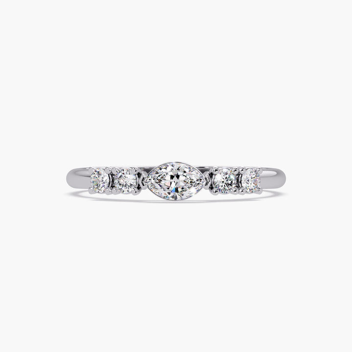 14K white gold marquise diamond ring with round side stones, 0.25ct lab-grown stacking ring for everyday wear or promise gift.