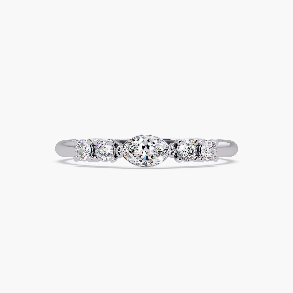 14K white gold marquise diamond ring with round side stones, 0.25ct lab-grown stacking ring for everyday wear or promise gift.