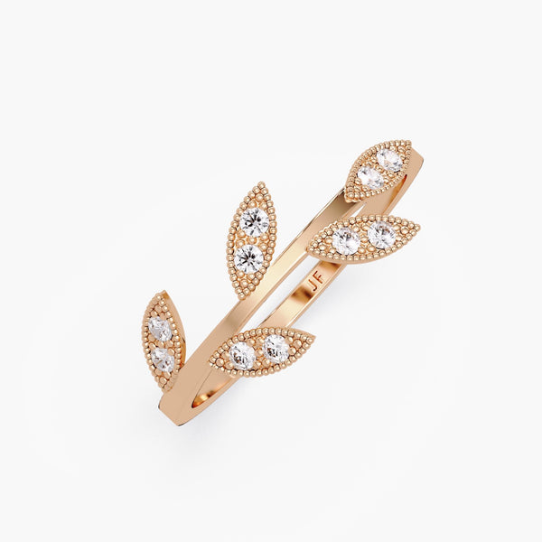 14K rose gold diamond leaf ring with natural pave set diamonds in leaf design