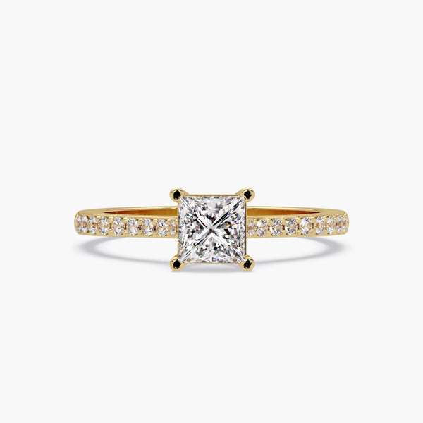 0.50 Ct Lab Grown Diamond Princess Cut Ring | 14K Gold Pave Solitaire Engagement Ring | Minimalist Bridal Jewelry