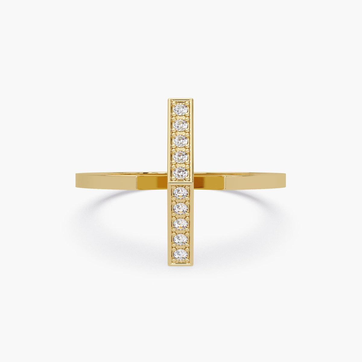 14K gold diamond bar ring with vertical pavé design.