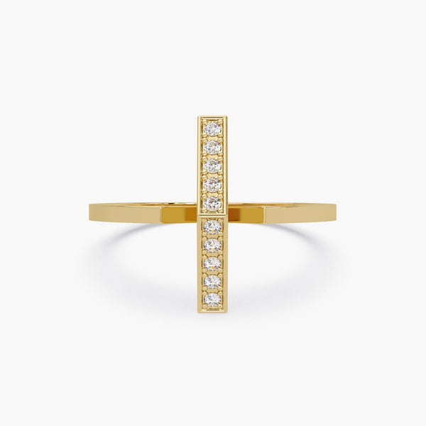 14K gold diamond bar ring with vertical pavé design.