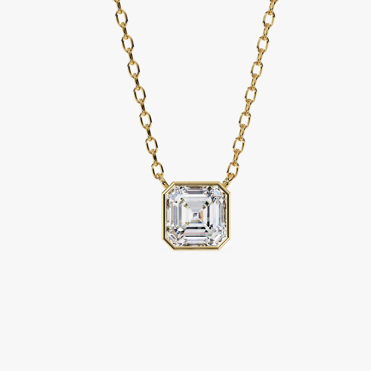 May include: A gold chain necklace with a square-shaped, bezel-set, clear gemstone pendant.