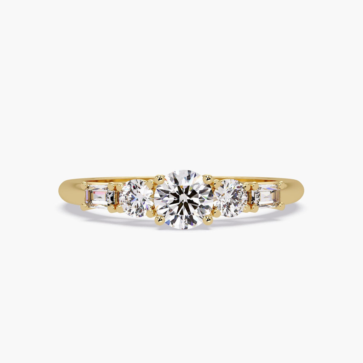 14k yellow gold five-stone ring featuring a round center lab-grown diamond, with two round diamonds and two tapered baguette diamond accent in a trellis prong setting. The diamonds are set close for a clean, balanced look. Ideal as a modern engagement or milestone ring.