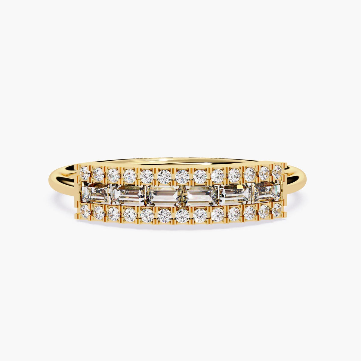 Close-up of a 14k yellow gold 3 row diamond ring with an east-west bar-style setting. The center row features horizontally set baguette natural diamonds, framed by two rows of round diamonds. A bold Art Deco–inspired piece, perfect as an anniversary or statement ring.