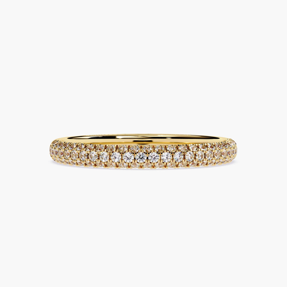 A gold band featuring a row of small, clear diamonds set around half of the band.