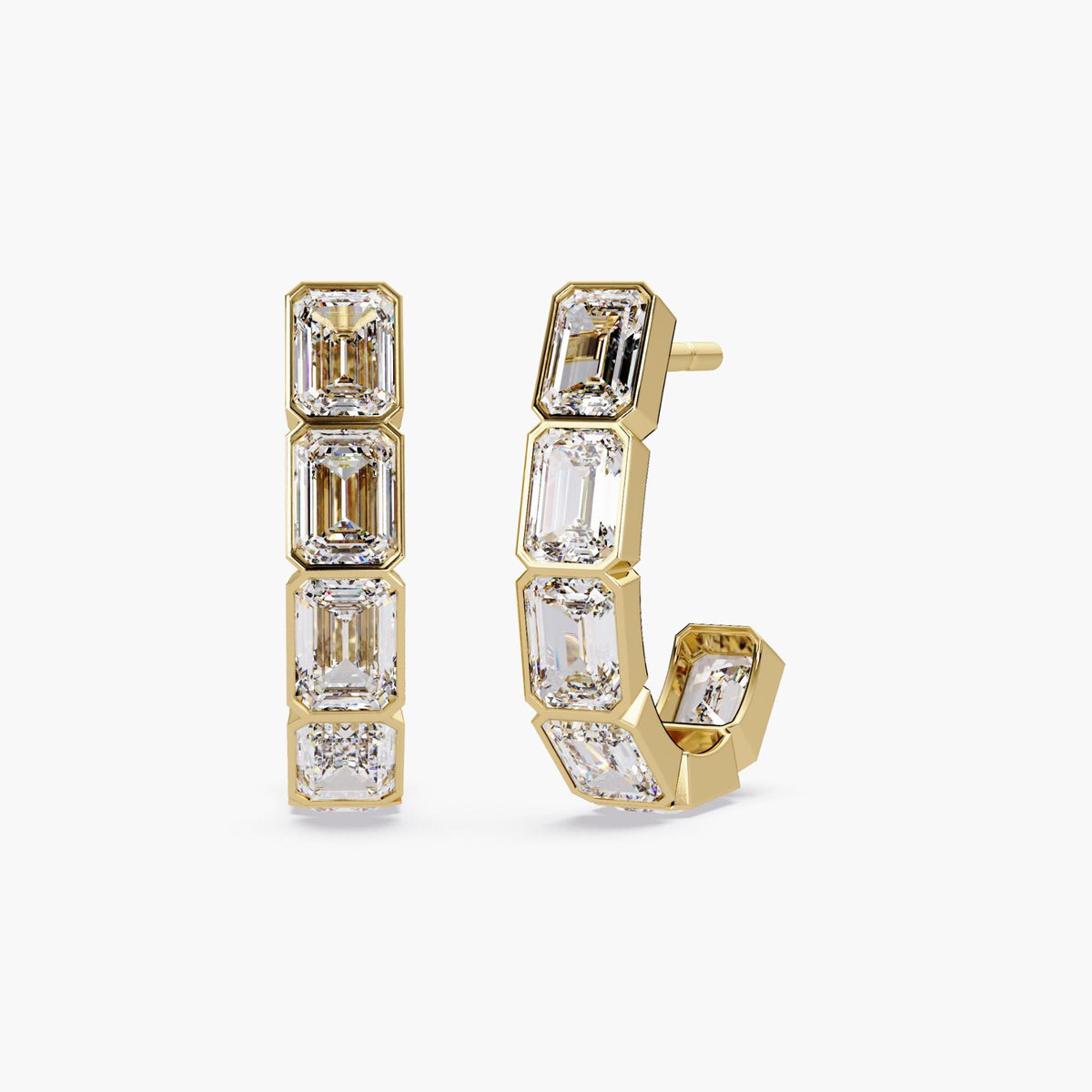 14K gold J-hoop earrings featuring emerald-cut lab-grown diamonds in bezel settings. Each medium-sized half-hoop earring sparkles with five diamonds, showcasing a bold, modern look perfect for everyday or statement wear.