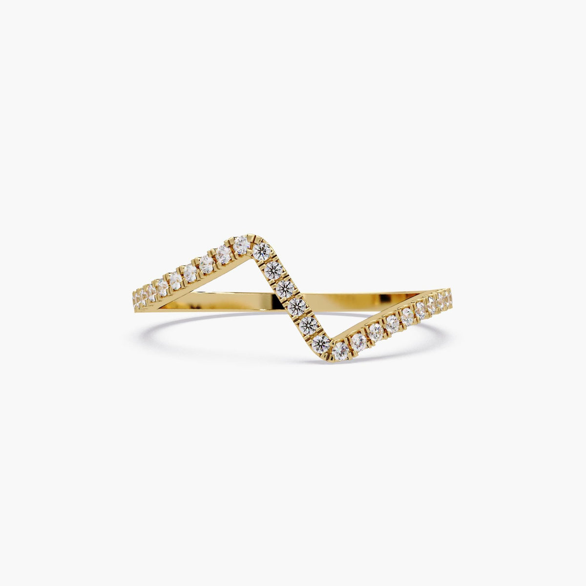This is a 14K yellow gold chevron ring with natural diamonds set in a pave zigzag design.