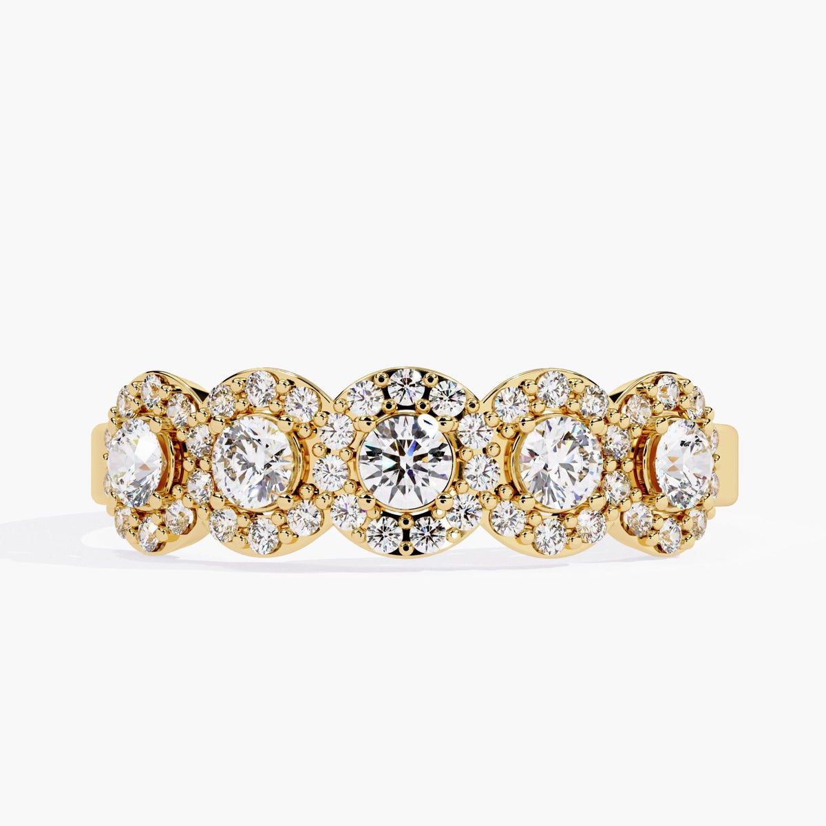 Front view of a 14k yellow gold ring featuring five round lab-grown diamonds, each framed by a halo of smaller diamonds. The wide, symmetrical design creates a bold and luxurious look, ideal as an anniversary band or bridal statement ring.