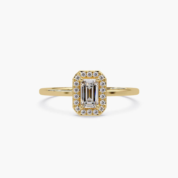 14K yellow gold ring with small emerald-cut lab diamond and halo of round diamonds, thin band minimalist gift ring