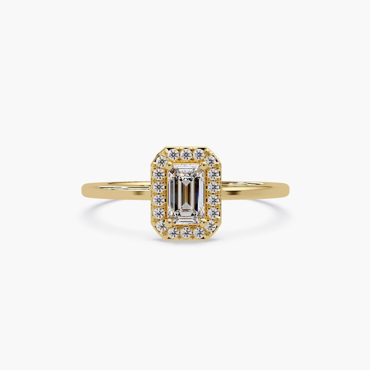 14K yellow gold ring with small emerald-cut lab diamond and halo of round diamonds, thin band minimalist gift ring