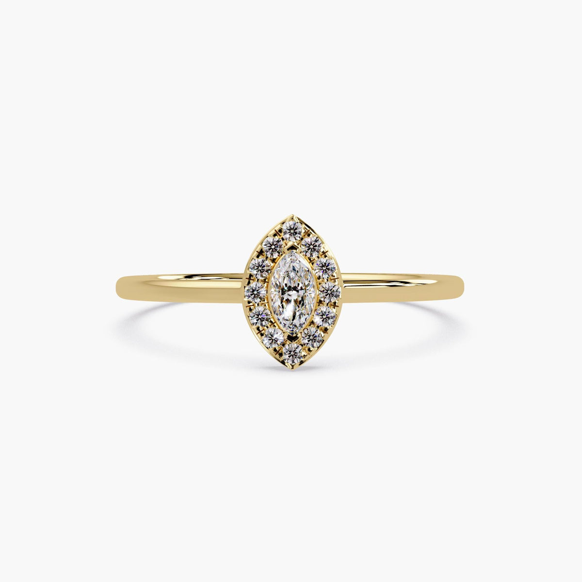 14K yellow gold marquise halo ring with lab-grown diamonds in navette shape, dainty pinky or index ring for stacking or gifting