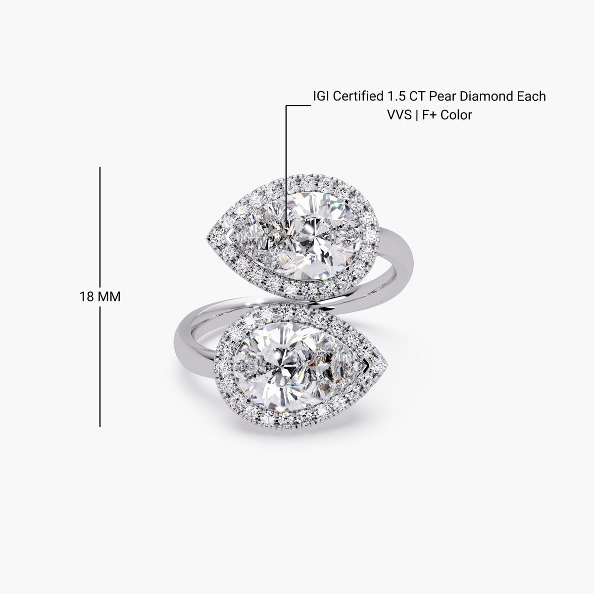 White gold double pear halo diamond ring with IGI-certified 1.5 CT lab diamonds, 18mm length across finger, F+ color and VVS clarity.