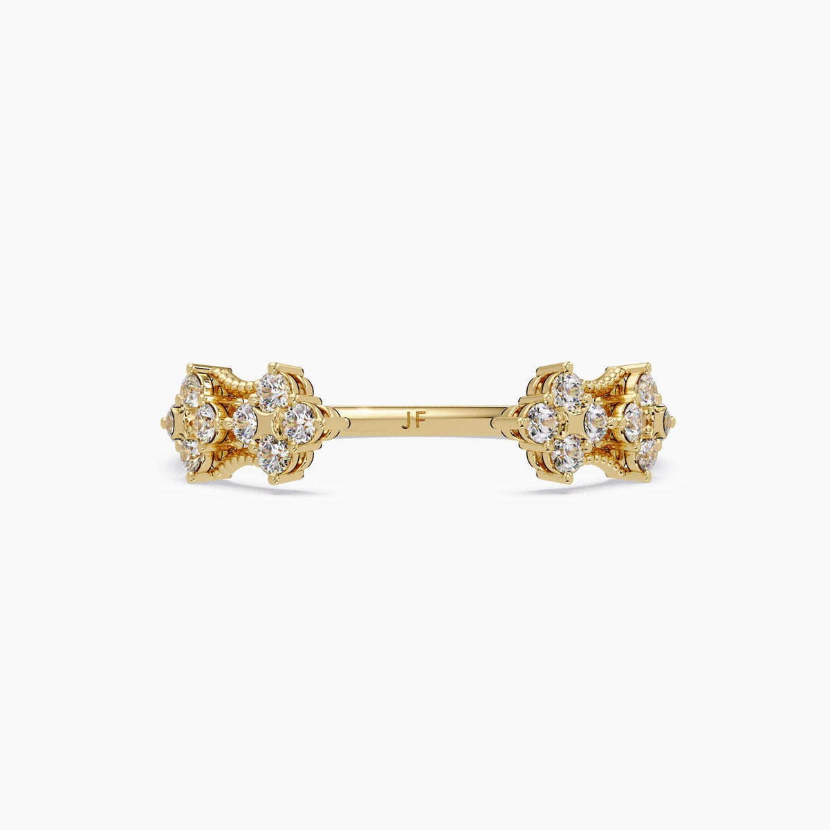 Open 14k gold diamond cuff ring with round natural diamonds.