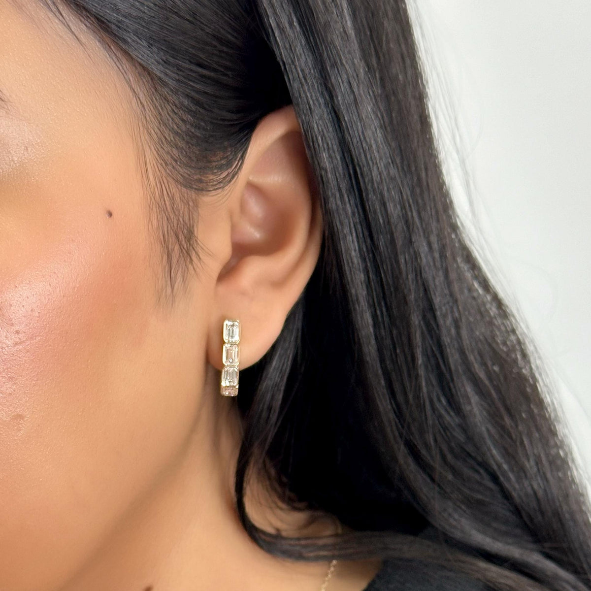 14K Gold Emerald Cut Lab Grown Diamond Hoop Earrings: 2.80 CTW