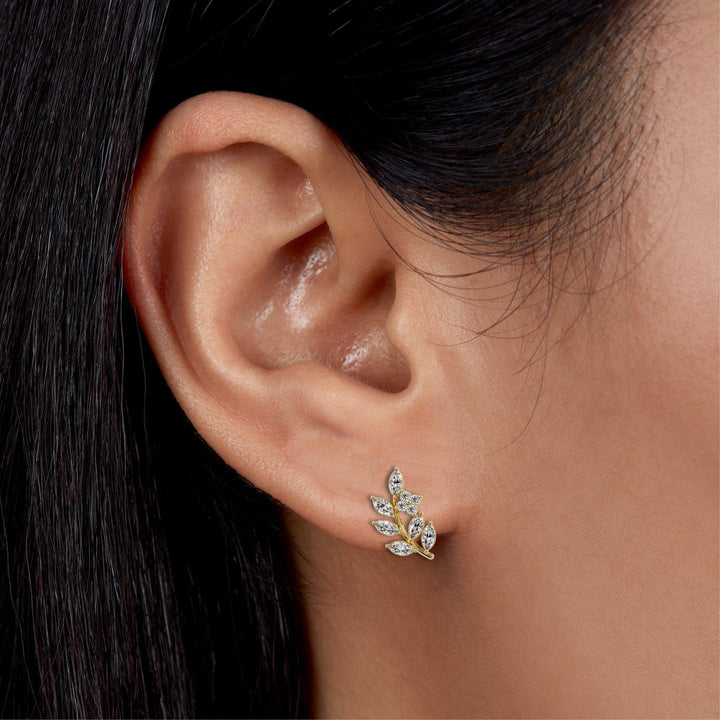 14K Gold Diamond Leaf Stud Earrings | Lab Grown Diamond Leaf Earrings | Laurel Leaf Earrings | 0.70CTW Marquise Diamond Olive Branch Studs