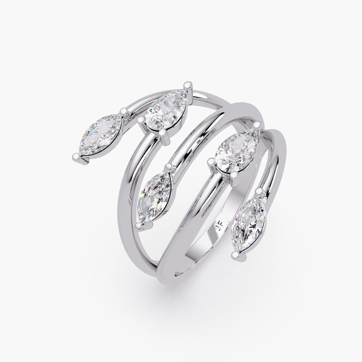 Elegant five stone diamond ring on a soft white background.