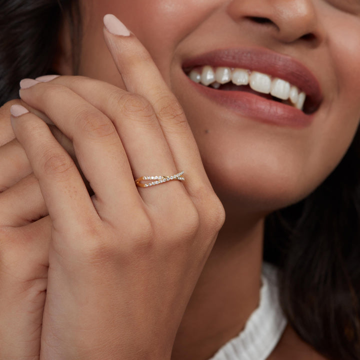14k Gold Criss Cross Diamond Ring, Dainty Pave Diamond Ring, Criss Cross Ring For Women Minimalist Gold Ring Stack Wedding Band Gift for Her