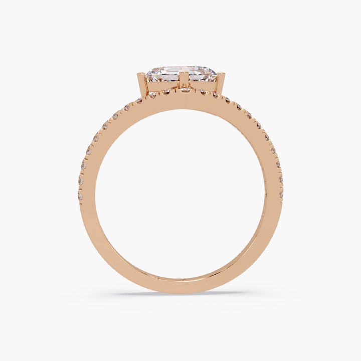 Angled shot of the ring showing the prong and pave setting details.