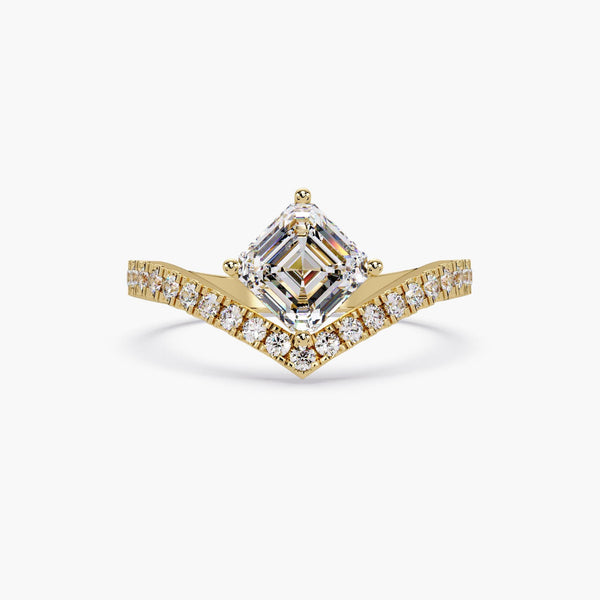 14K Gold Asscher Cut Chevron Diamond Ring shown against a white background.