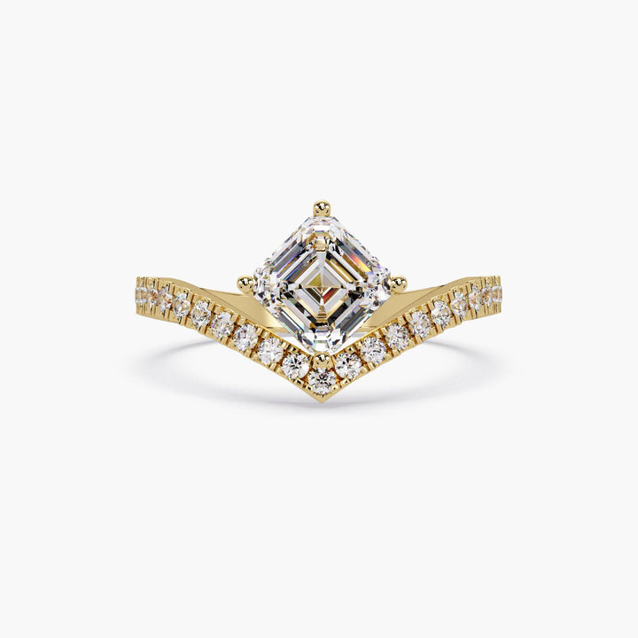 14K Gold Asscher Cut Chevron Diamond Ring shown against a white background.