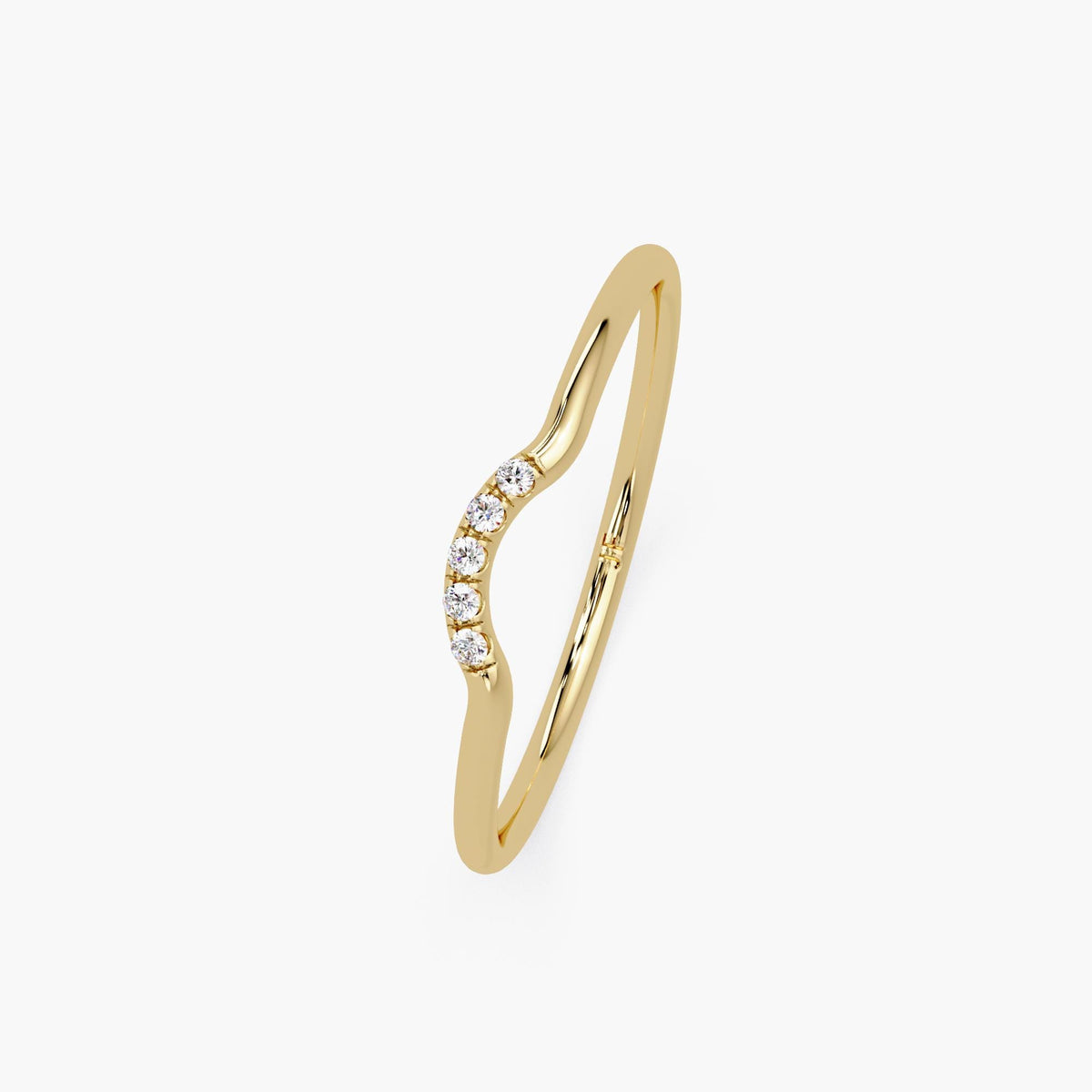 Overhead flat lay of curved diamond ring on white background.