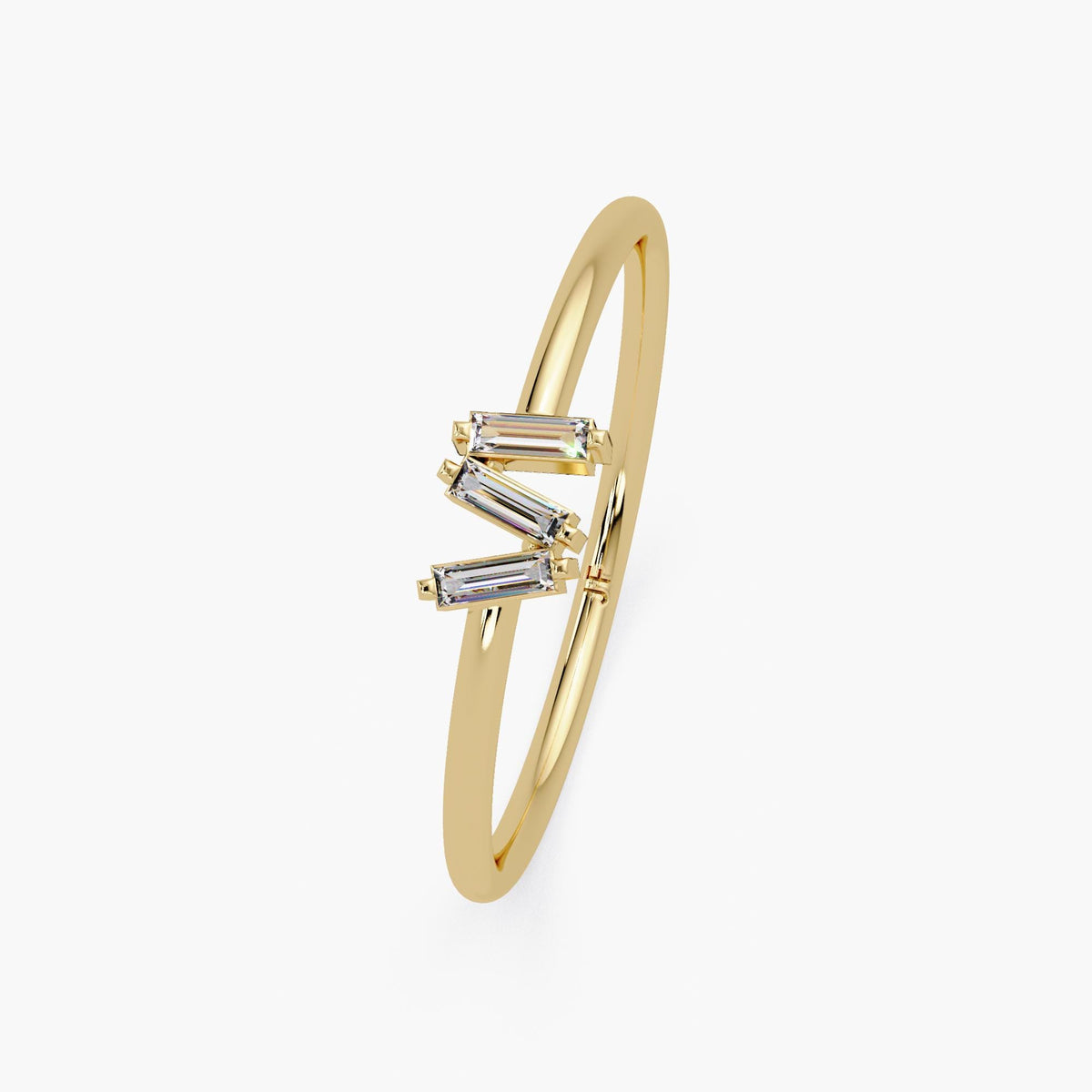 Fine jewelry baguette diamond band with trio stone setting.