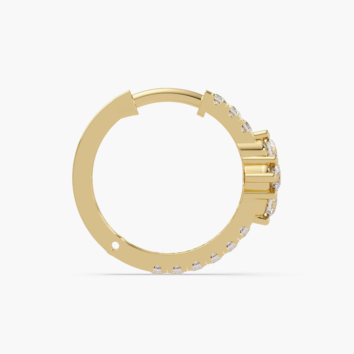 14K yellow gold hoop earrings on a white background, featuring a floral or clover-shaped cluster of lab-grown diamonds at the front.