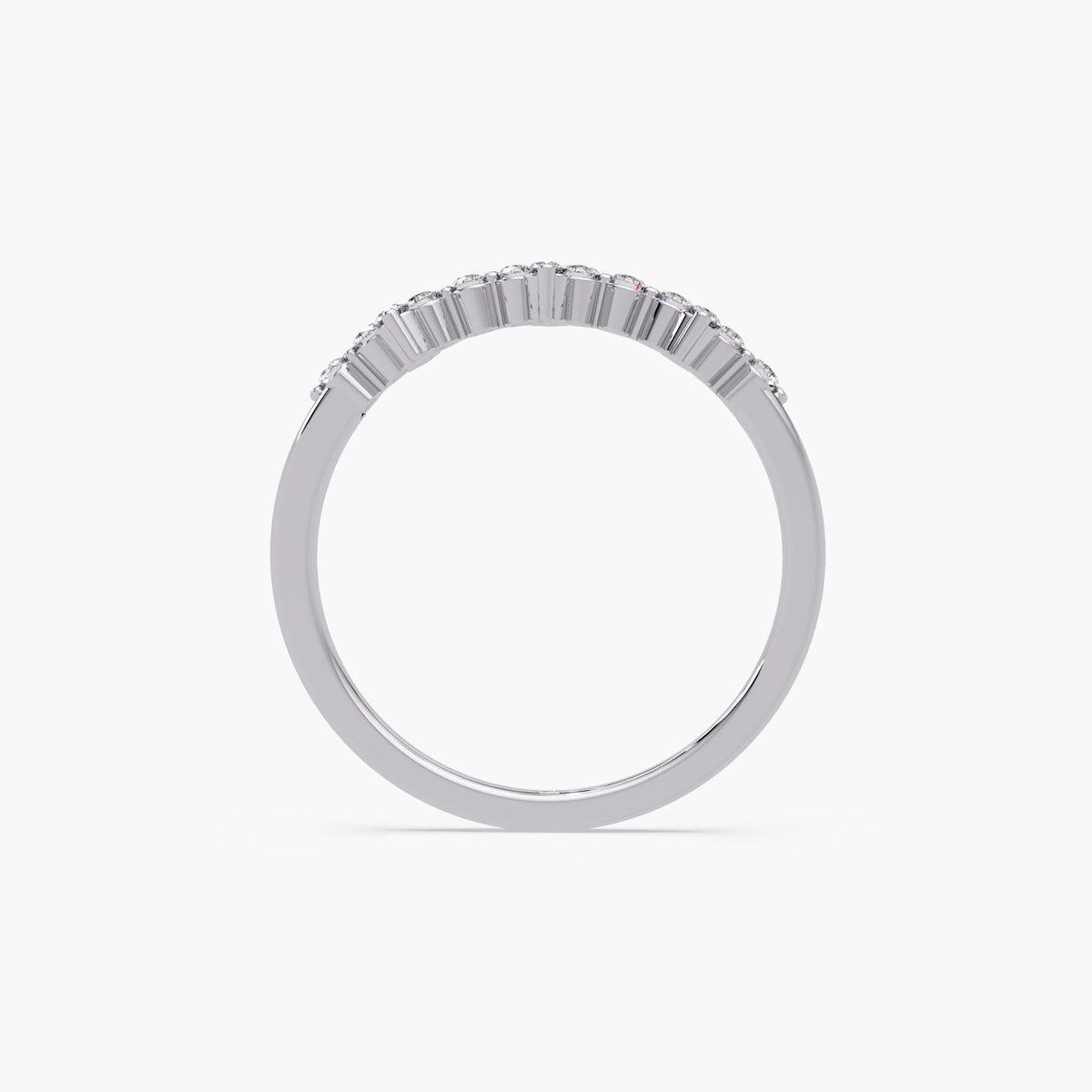 14K white gold lab grown diamond ring with three floral clusters in a prong setting, shown as a minimalist stackable band