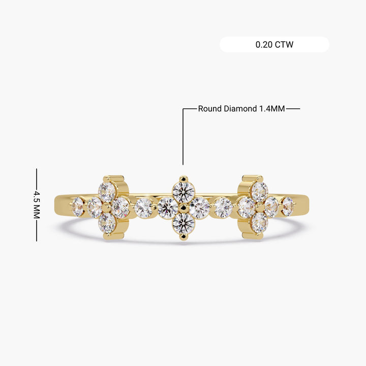 14K gold lab grown diamond ring with 0.20 CTW, featuring three floral clusters of 1.4mm round diamonds and a 4.5mm ring face height