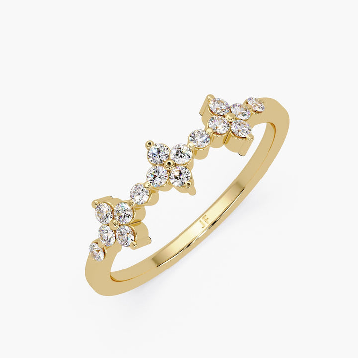 14K yellow gold lab grown diamond ring featuring three floral cluster stations in a prong-set design