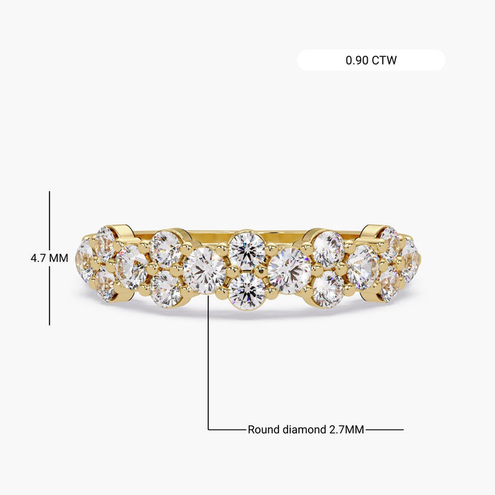 14K yellow gold diamond band with 0.90 CTW of lab-grown round diamonds, featuring 2.7mm stones in a staggered cluster setting, 4.7mm ring height
