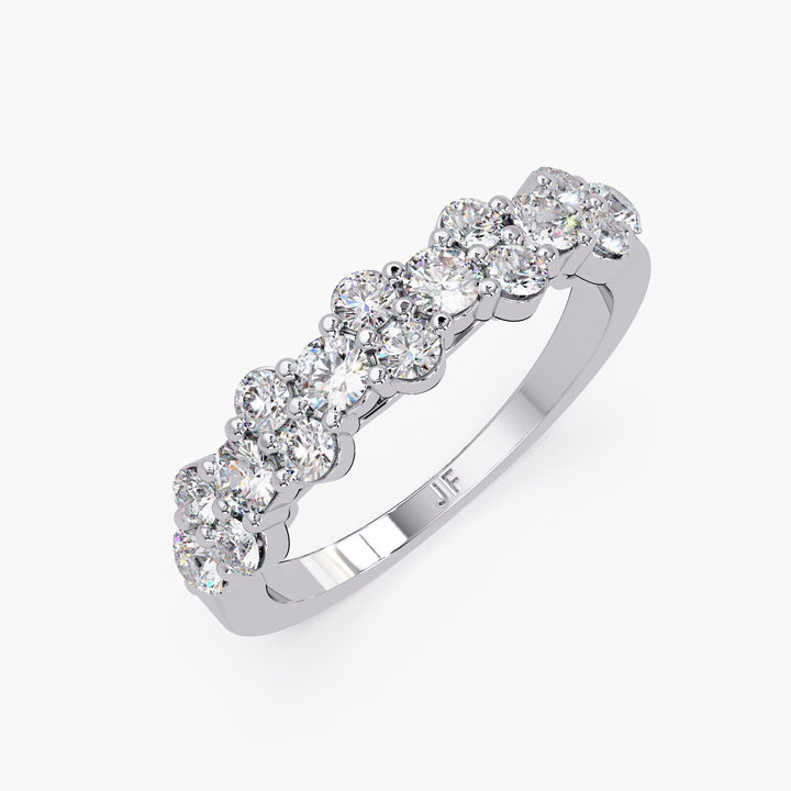 14K gold cluster diamond band ring featuring 0.90 CTW of round lab-grown diamonds in a staggered bubble setting, perfect for stacking, weddings, or everyday sparkle