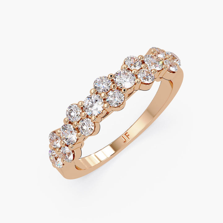 14K gold cluster diamond band ring featuring 0.90 CTW of round lab-grown diamonds in a staggered bubble setting, perfect for stacking, weddings, or everyday sparkle