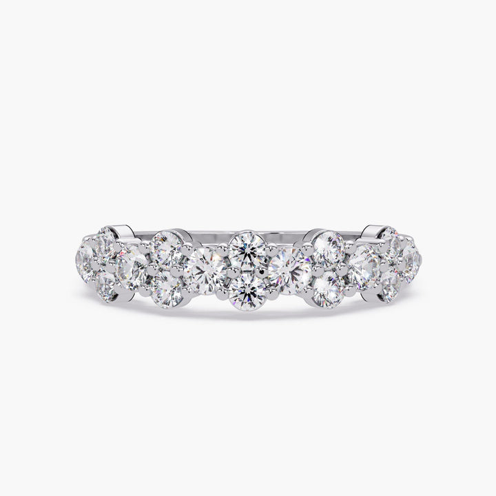 14K gold cluster diamond band ring featuring 0.90 CTW of round lab-grown diamonds in a staggered bubble setting, perfect for stacking, weddings, or everyday sparkle