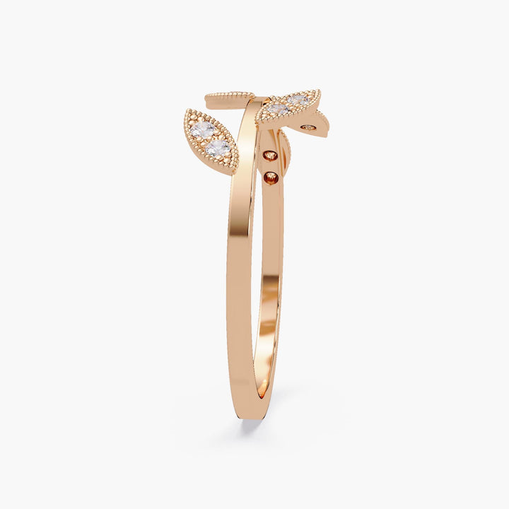 14K yellow gold diamond leaf band with floral vine design