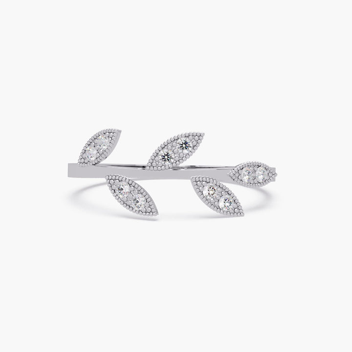 Dainty diamond leaf ring in solid 14K white gold with ten sparkling diamonds