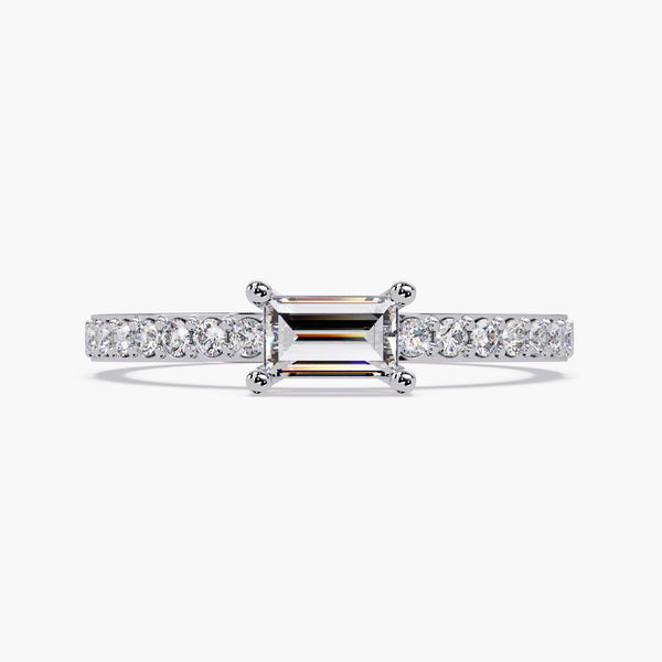 14K white gold baguette diamond ring with 0.40 CTW lab-grown center stone in an east-west solitaire setting and petite pave band