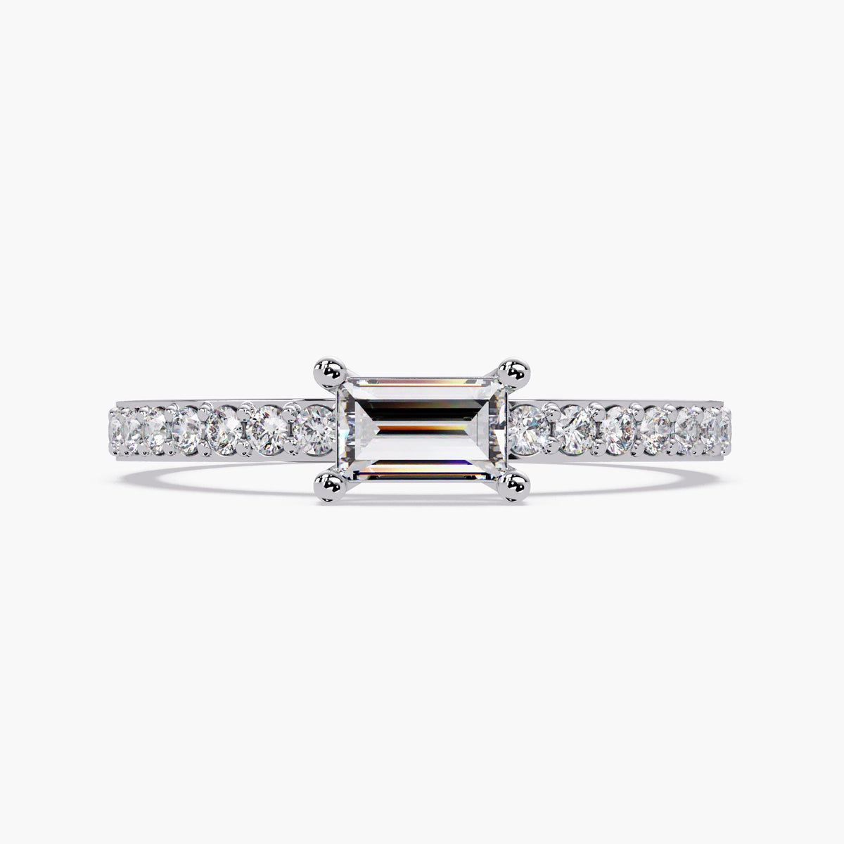 14K white gold baguette diamond ring with 0.40 CTW lab-grown center stone in an east-west solitaire setting and petite pave band