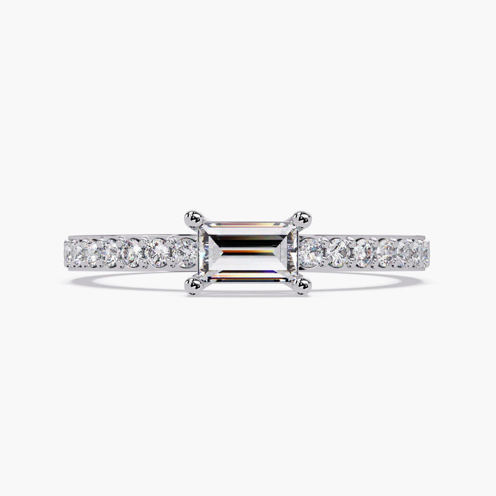 14K white gold baguette diamond ring with 0.40 CTW lab-grown center stone in an east-west solitaire setting and petite pave band