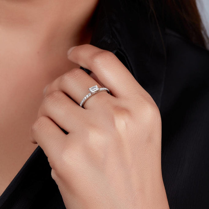 14K white gold east-west baguette diamond ring with 0.40 CTW lab-grown center and petite pave band