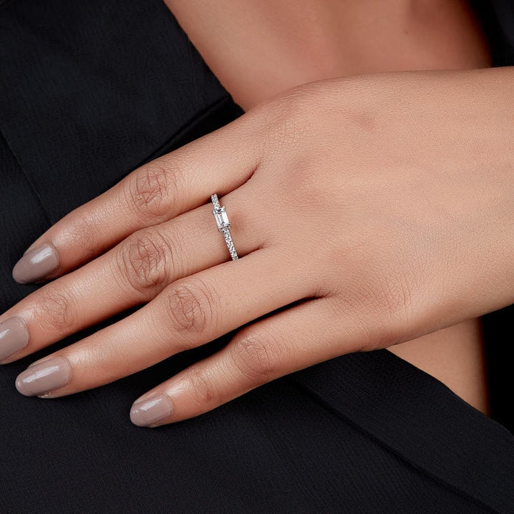 14K white gold east-west baguette diamond ring with 0.40 CTW lab-grown center and petite pave band