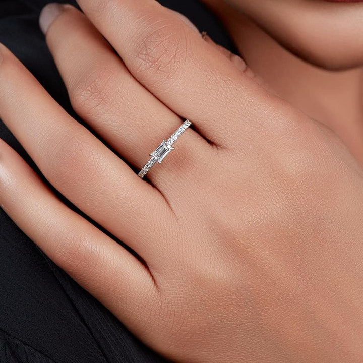 14K white gold east-west baguette diamond ring with 0.40 CTW lab-grown center and petite pave band