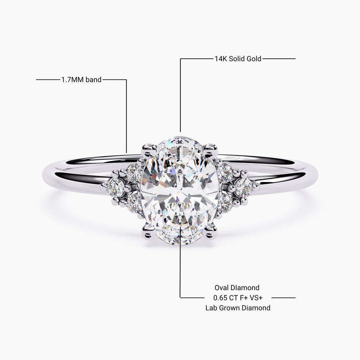 14K Rose Gold Oval Diamond Engagement Ring with side stones: 0.70Ctw Lab-Grown