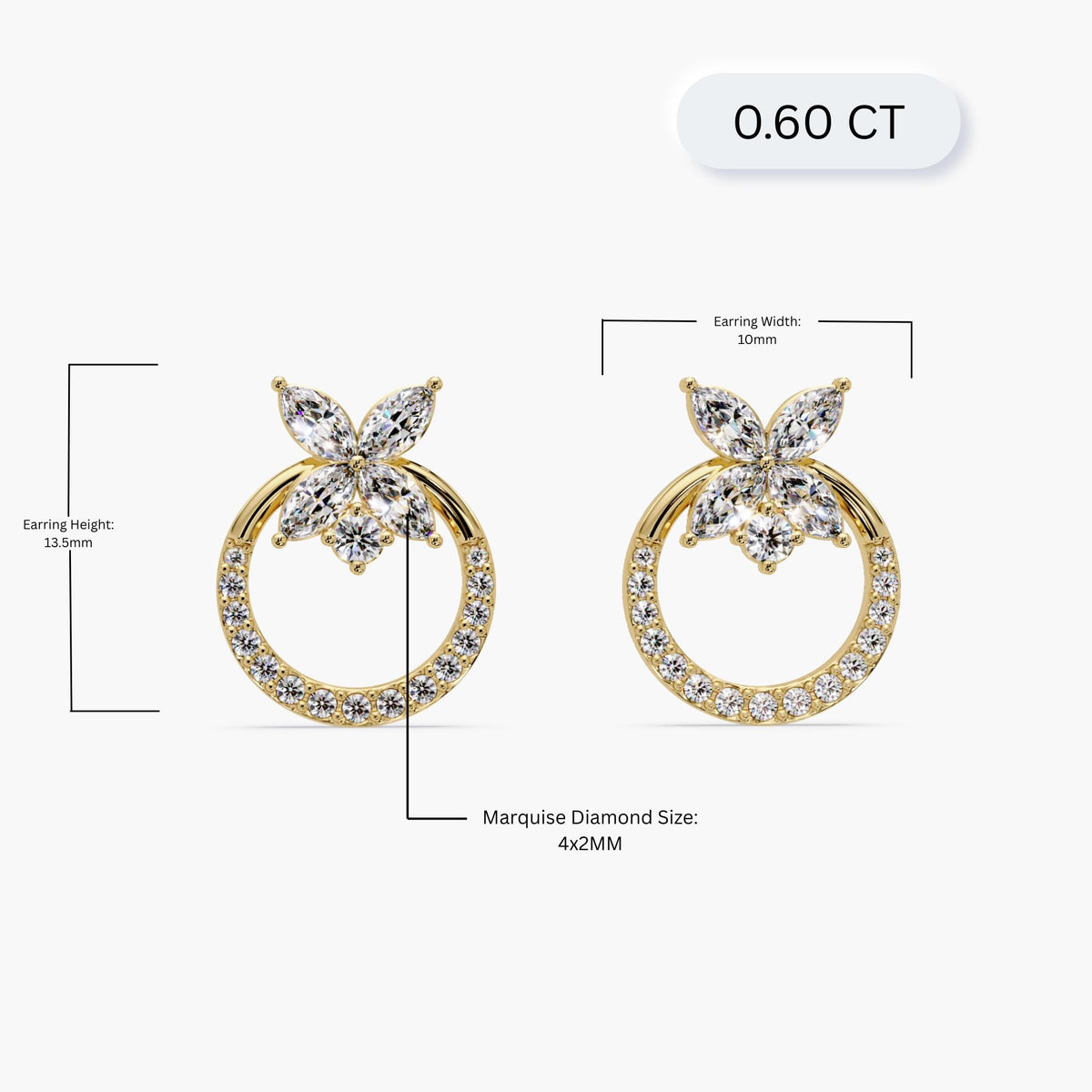Scale illustration of gold diamond stud earrings.