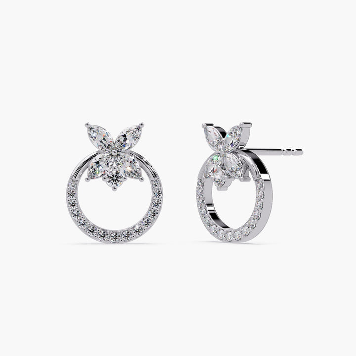 Unique wedding jewelry, 14k white gold earrings with marquise and circle diamonds