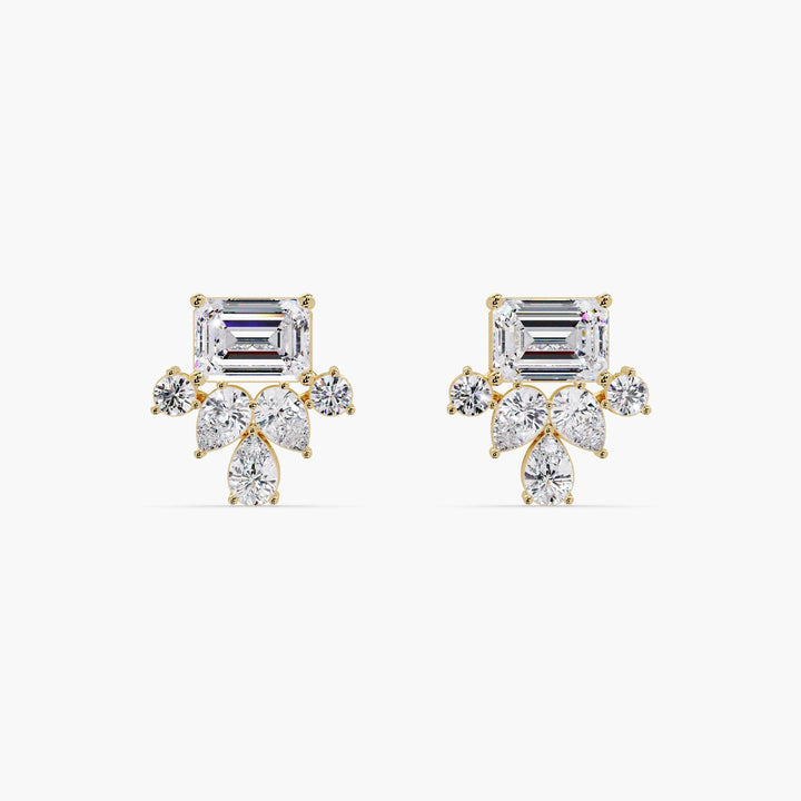 14k gold emerald cut diamond cluster earrings with lab grown diamonds
