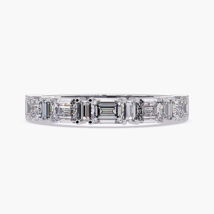 14K white gold lab-grown diamond ring featuring alternating emerald and baguette cut diamonds, perfect as a modern wedding band or stacking anniversary ring.