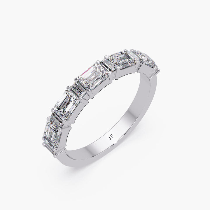 14K white gold lab-grown diamond ring featuring alternating emerald and baguette cut diamonds, perfect as a modern wedding band or stacking anniversary ring.